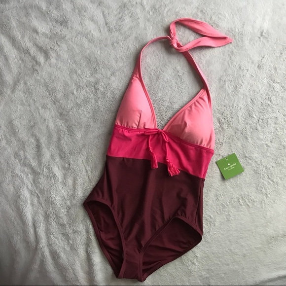 NWT Kate Spade One-Piece Pink Colorblock Halter Tie Scoop Swimsuit - Picture 2 of 8